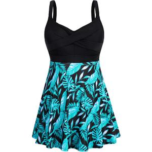 HUSKARY Plus Size Swimsuits for Women Tummy Control V Neck Swim Dress Two Piece Bathing Suit Flowy Tankini with Boyshorts (XXXL)