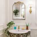20″ x 30″ Wall Mount Baroque Arched Mirror, Antique Gold Metal Frame Real Glass Vintage Mirror with Decorative Crest for Bathroom Vanity, Entryway, Mantel