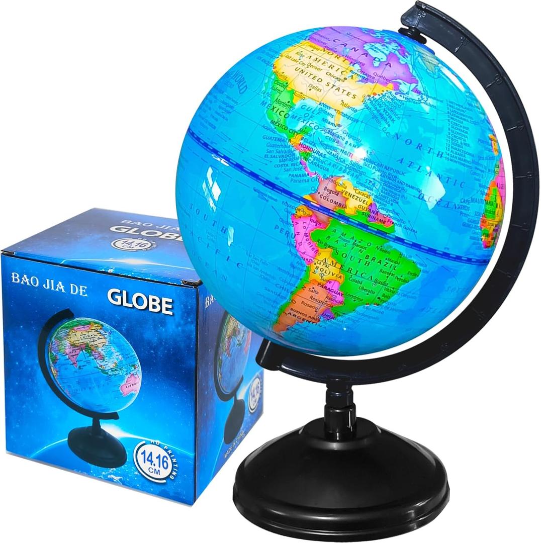 6'' Geographic World Globe, Kids Educational Globes with Stand, Decorative Rotating World Map Globes Decor, Political Globe for Child Classroom Geography Teaching, Kids Room