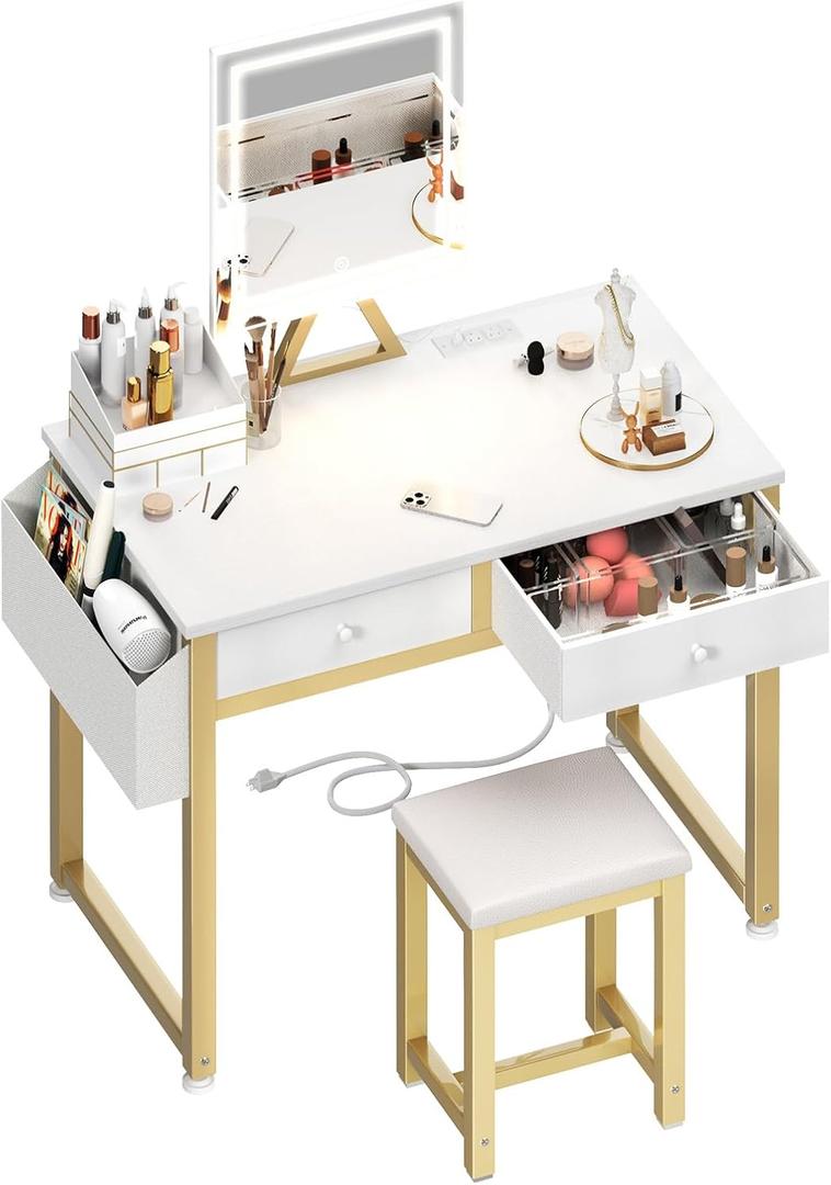 Lufeiya Small Makeup Vanity Desk with Mirror and Light, 32 inch White Vanity Desks Sets with Fabric Drawers for Girls Teen, Dressing Table and Chair Set with Power Outlet for Bedroom, White Gold (31.5")