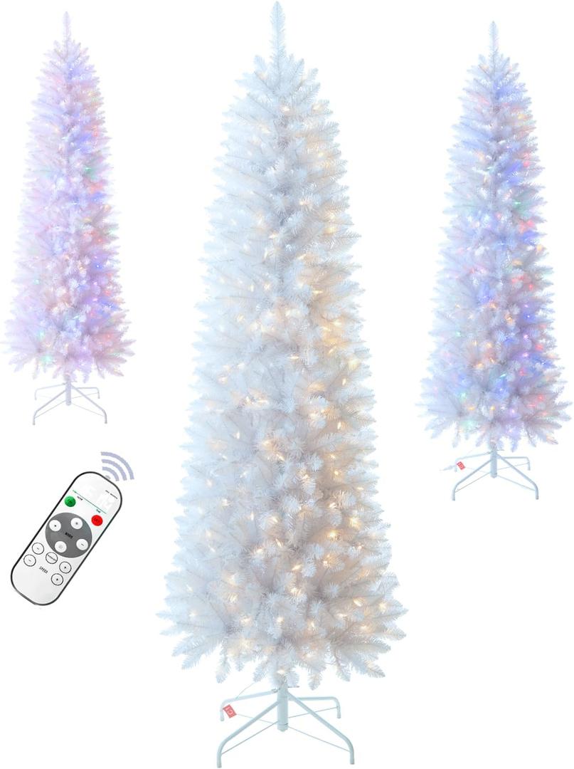6FT Pre-lit Pencil White Christmas Tree Spruce with Remote Control, 250 Warm White Multi-Color Lights, Artificial Hinged/Slim/Skinny/Feel Real/Realistic for Home, Holiday Decoration 6 Feet