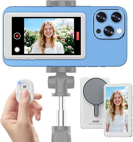 Vlog Selfie Monitor Screen iPhone, 4K 60fps Recording, Wireless Screen Mirroring with Remote Control, Magnetic Fixation, 180° Rotation, 3 Levels of Brightness, Compatible with iPhone & Android