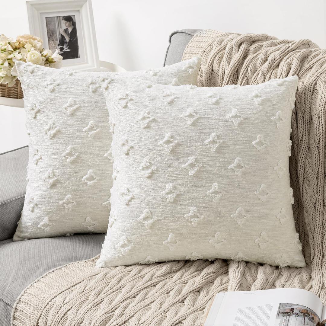 MIULEE Set of 2 Decorative Throw Pillow Covers Rhombic Jacquard Pillowcase Soft Square Cushion Case for Cute Couch Sofa Bed Bedroom Living Room, 18x18 Inch, White