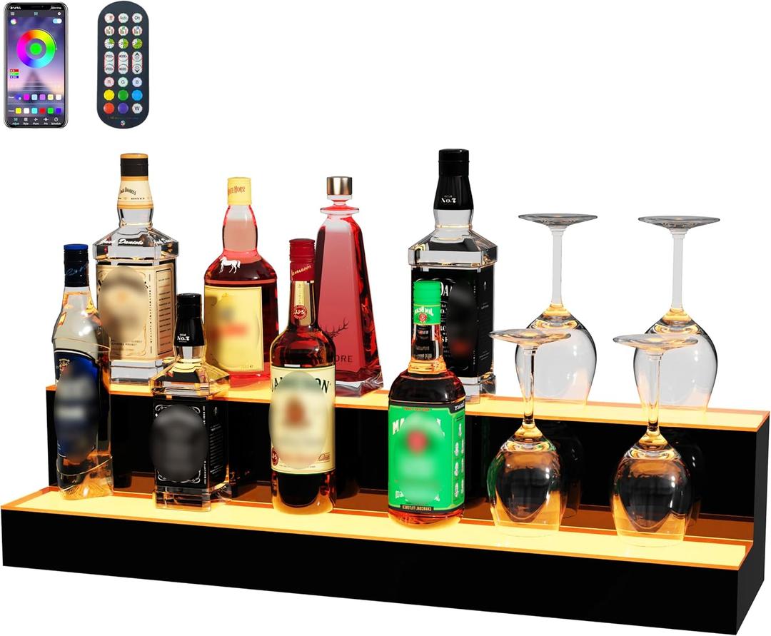 MESAlLUP 30 Inch 2 Tier Lighted Liquor Bottle Display Shelf, LED Bar Shelves with APP or Remote Control, Mulit Color Lighting for Home Mini Bars Decor, Restaurants & Party Use, Acrylic Stand