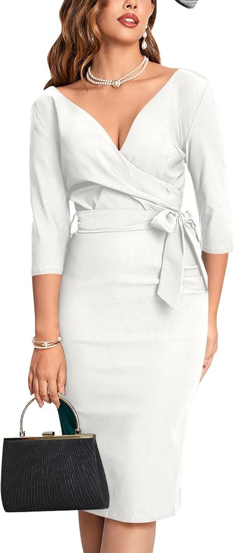 MUXXN Women's Vintage Faux Wrap V Neck 3/4 Sleeve Formal Classic Party Work Dress with Belt (Off-white)