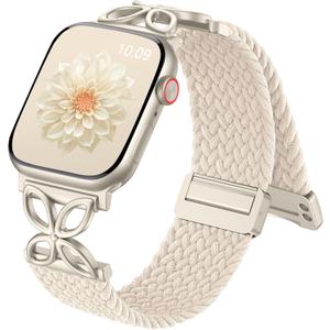 SNBLK Braided Magnetic Band Compatible with Apple Watch Bands for Women 40mm 41mm 42mm 44mm 45mm 46mm 49mm 38mm, Dressy Floral Stretchy Nylon Strap for iWatch SE Series 11 10 9 8 7 6 5 4 Ultra 3 2 1