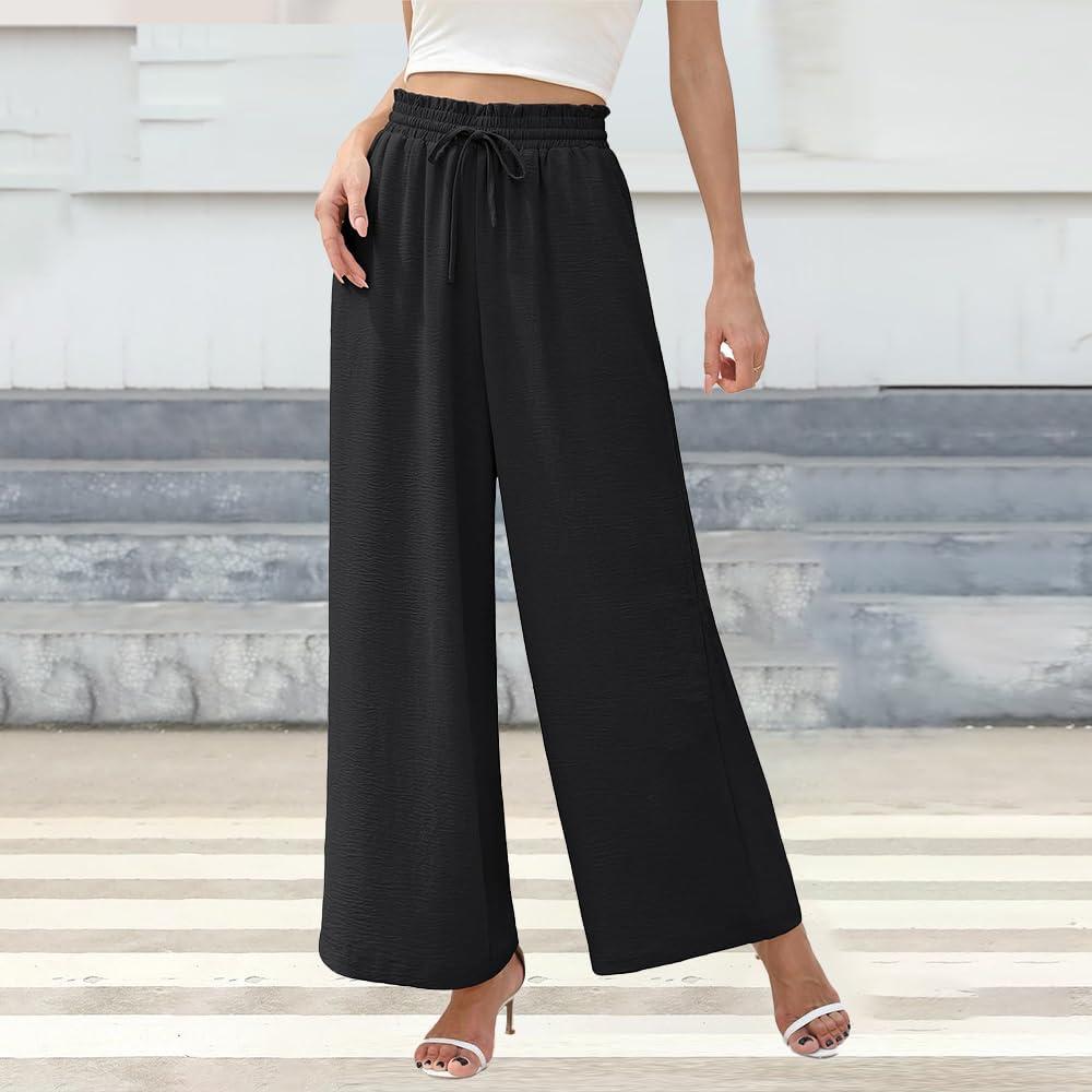 Women's Wide Leg Linen Pants - High Waist Flowy Trousers with Pockets (Large, Black)