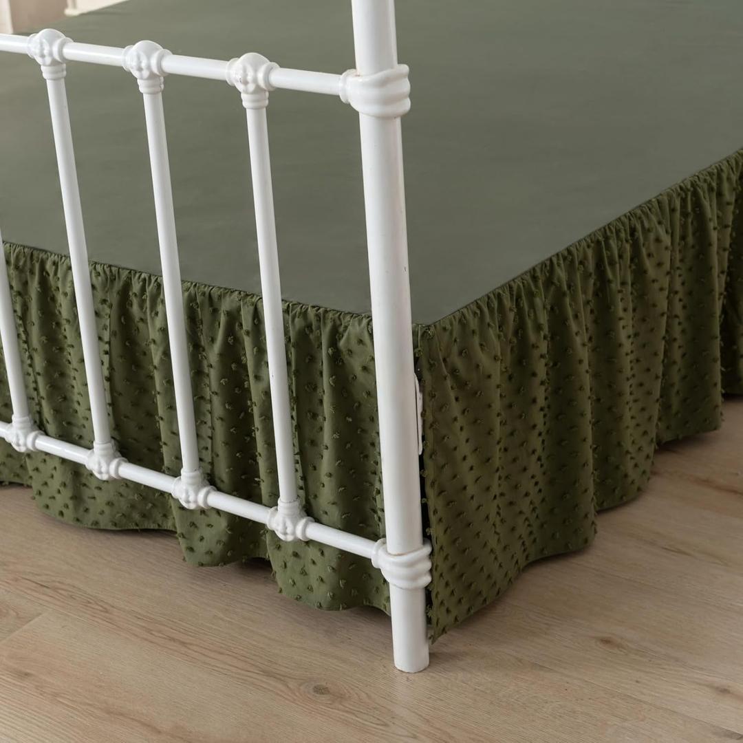 Tufted Dot Bed Skirt Queen Size Ruffled Bed Skirt with Split Corners, 18 Inch Drop Dust Ruffle Bed Skirts with Platform, Olive Green