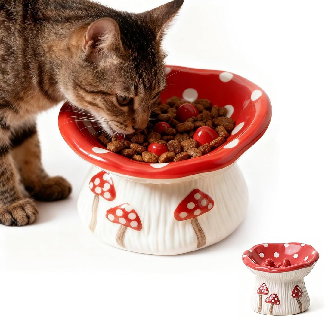 Cat Slow Feeder Bowl, Ceramic Slow Feeder Cat Bowls, Cute Mushroom Elevated Cats Bowl, Anti-Fatigue & Anti-Vomiting