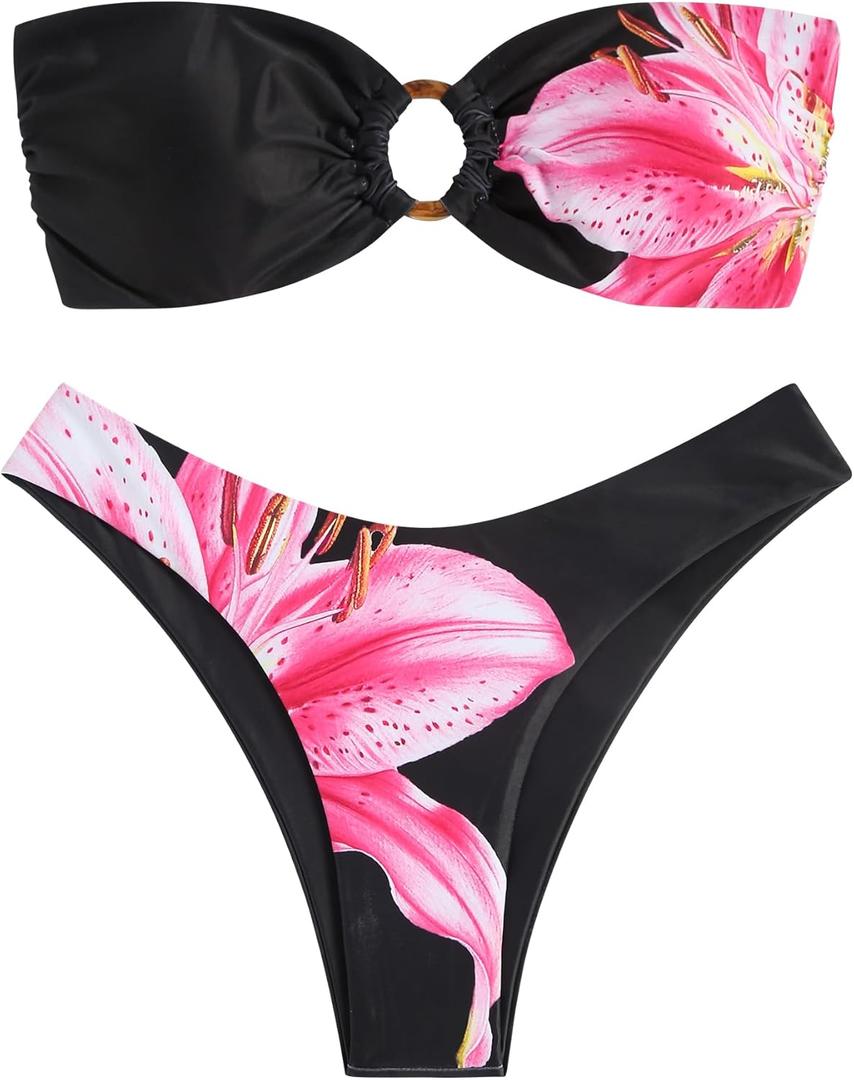 ZAFUL Women's Bandeau Bikini O Ring Strapless Tie Back High Cut Two Piece Swimsuit Bathing Suits (Size Medium, 5-black Print)