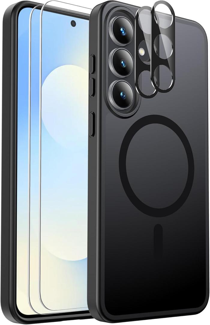 Ezanmull for Samsung Galaxy S25 FE Case Magnetic Shockproof, [Fit for MagSafe] [Glass Screen Protector + Camera Lens Protector] Translucent Anti-Fingerprint (Black)