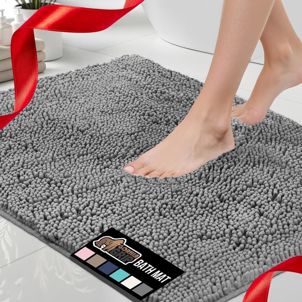 GORILLA GRIP Bath Rug Mat, Thick Soft Absorbent Chenille, Quick Dry Microfiber Mats, Rubber Backing Washable Shower Floor Rugs, Bathmat Runner, US Designed Bathroom Home Decor Accessories 24x17, Grey