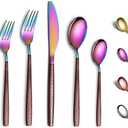 Berglander Silverware Set 20 Pieces With Moon Surface Handle And Shiny Rainbow Mouth Titanium Plating, Stainless Steel Modern Rainbow Flatware Set Utensils Set Colorful Cutlery Set Service For 4