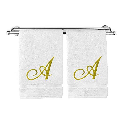 Monogrammed Hand Towel, Personalized Gift, 16 x 30 Inches - Set of 2 - Gold Embroidered Towel - Extra Absorbent 100% Turkish Cotton- Soft Terry Finish - for Bathroom, Kitchen and Spa- Script A White