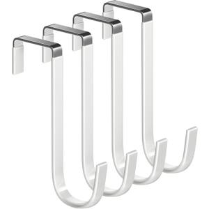 Over the Door Hooks 4Pcs L=5.5" Fit 1 3/8" Door Steel with White Rubber Coating Hanging Towel Robe Clothing Hanger for Bathroom Room Wreath Ironing Board Holder Cute Thin Single Heavy Duty