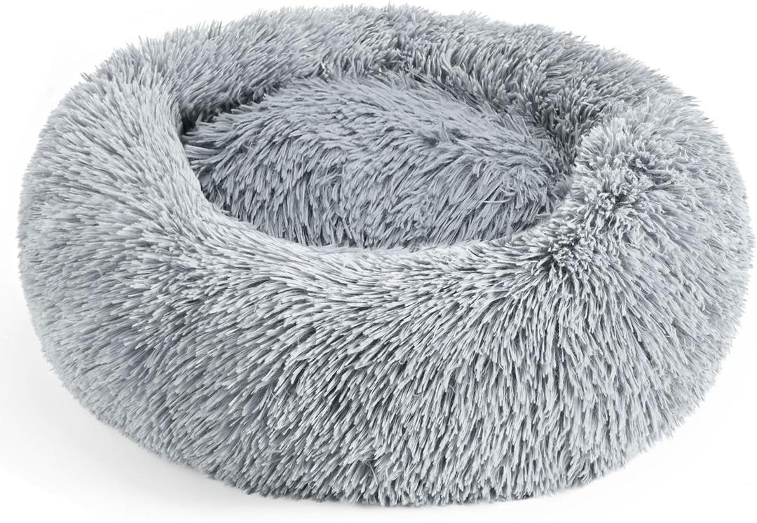 28in Large Dog Bed, Medium Size Dog and Cats, Calming Donut Bed for Puppy and Kitten, Washable Round Fluffy Pet Bed (Light Grey)