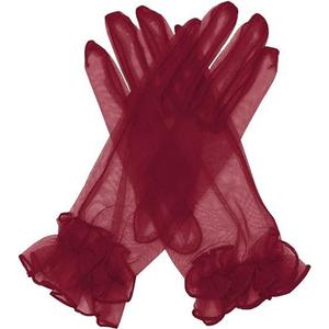 Women's Summer Tulle Gloves Pleated Ruffle Full Finger Wrist Length Opera Party Gloves (Burgundy)