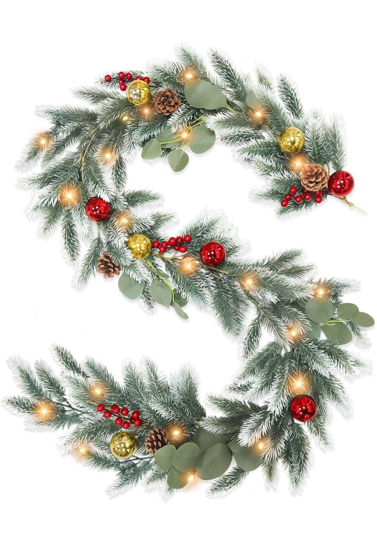 6 Ft Snowy Christmas Norfolk Pine Garlands with 20 Lights Battery Operated Christmas Garland 4 Pincushion 4 Pinecones 4 Red Berried 8 Xmas Balls for Mantel Fireplace Indoor Home Winter Decor