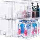 4 Pack Large Stackable Storage Drawers,Clear Acrylic Drawer Organizers with Handles, Easily Assemble for Kitchen Undersink,Bathroom,Cabinet,Makeup,Closet,Pantry,Organization and Storage
