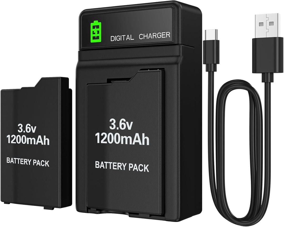 PSP Battery and Charger, 2Pcs 3.6v 1200mAh Lithium Polymer Replacement Batteries with Charging Dock for PSP-3000, PSP-3001, PSP-2000, PSP-2001, PSP-3002, PSP-3004, PSP Lite, PSP Slim Console