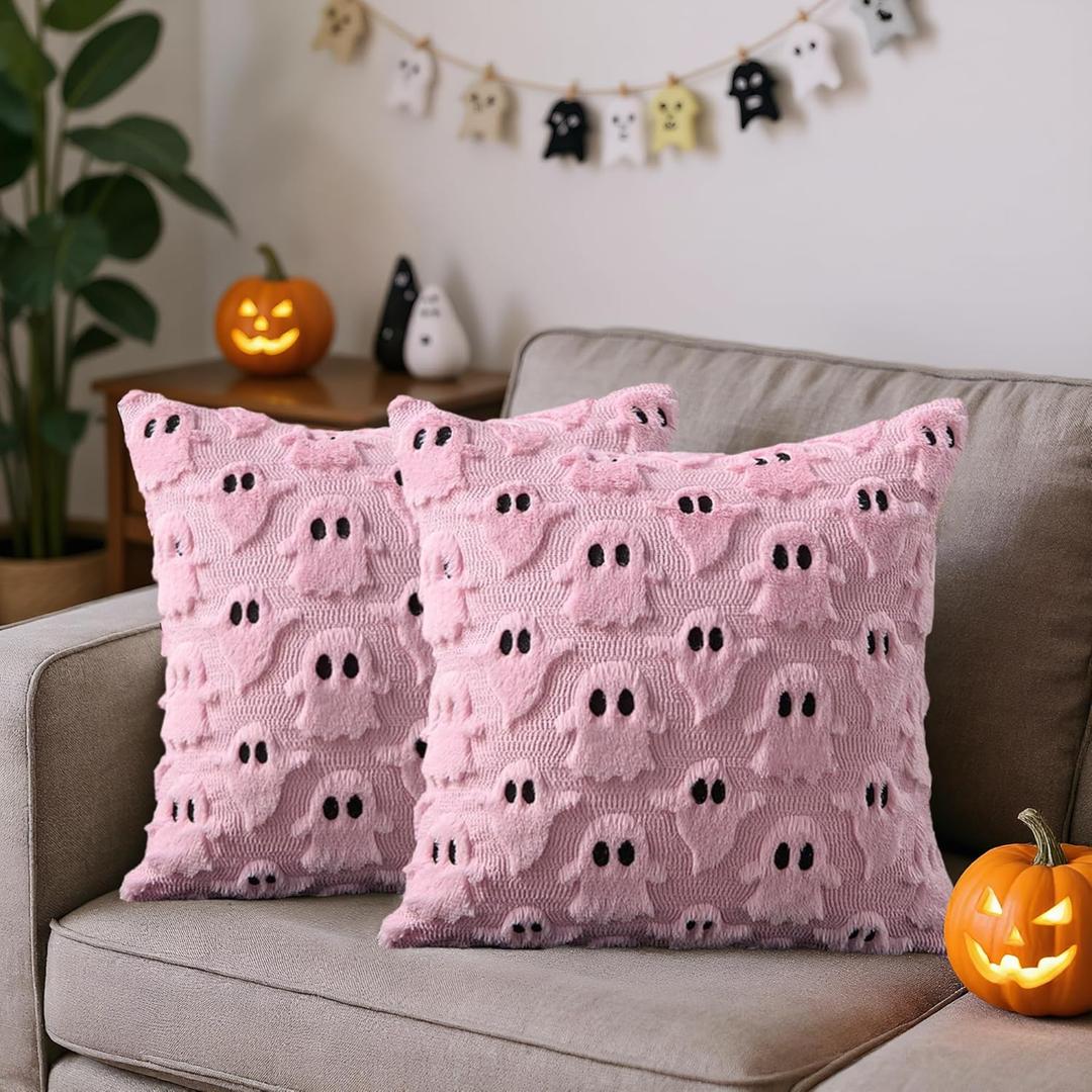 Fall Halloween Ghost Throw Pillow Covers 20x20 Set of 2 - Cute Ghost Horror Decor Pillow Cases - Faux Fur Decorative Pillows for Home Couch - Spooky Hallowen Party Decorations Indoor - Pink