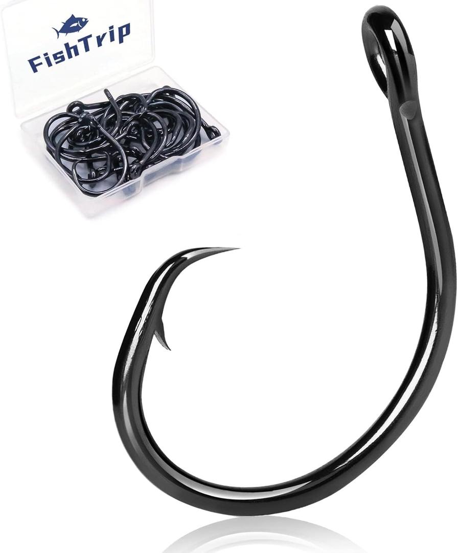 Circle Hooks Saltwater,in-Line Fishing Hooks 5X Strong for Catfish 25pcs,Black/High Carbon Steel/Non-Offset/Closed Eye/Wide Gap for Striped Bass Salmon