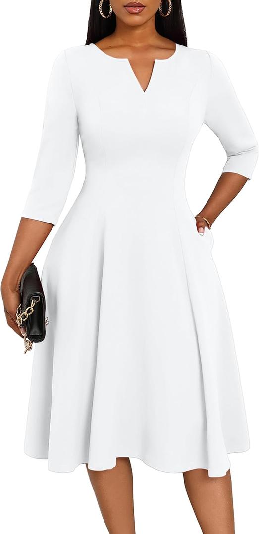 Nmoder Midi Dresses for Women A-Line Fit and Flare Dress 3/4 Sleeve V Neck Cocktail Wedding Guest Work Dress with Pockets (White, XL)