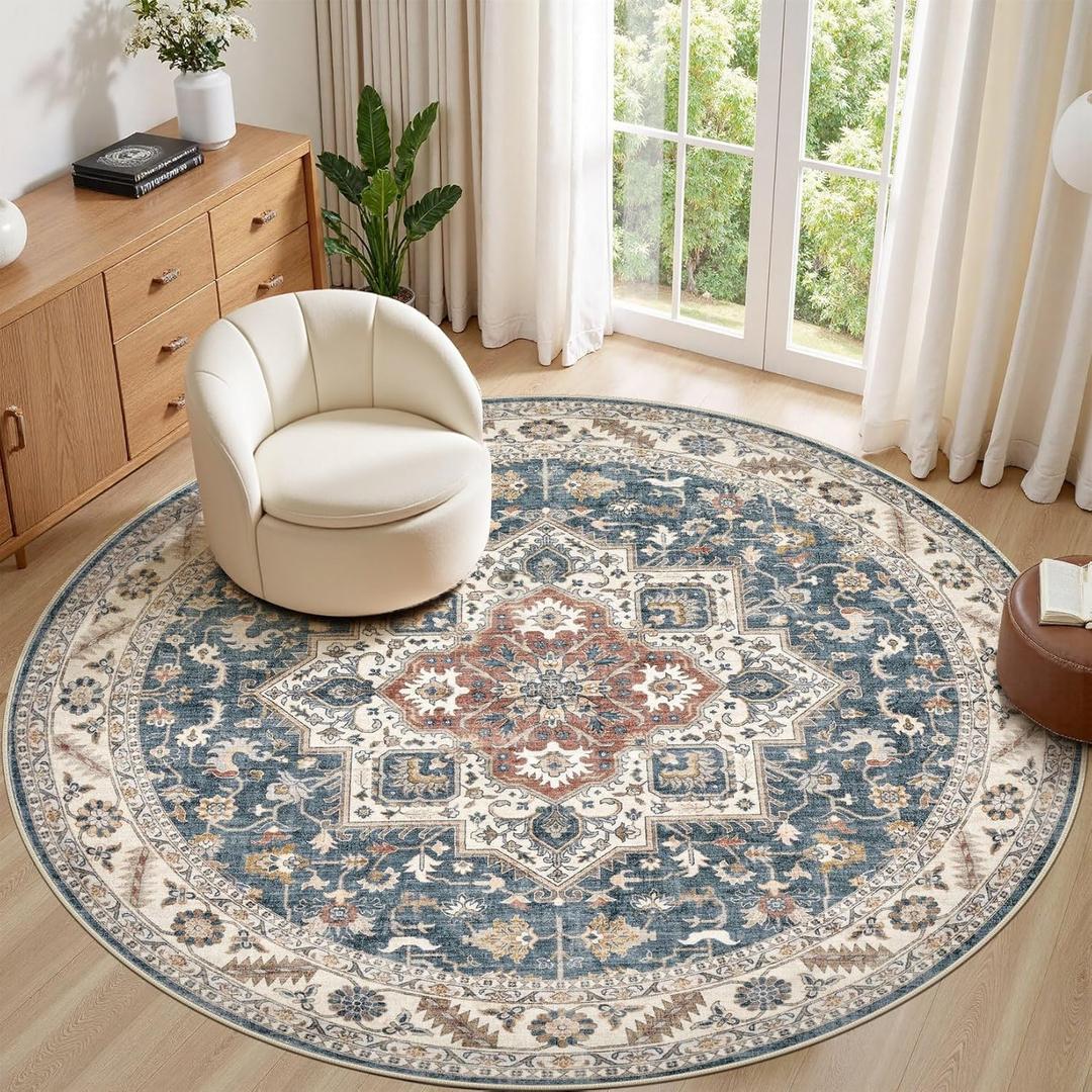 8ft Round Vintage Living Room Area Rug  8x8 Large Soft Washable Oriental Traditional Distressed Farmhouse Rugs for Bedroom  Indoor Floor Accent Carpet for Home Office House Decor  Vintage Blue