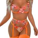 Kaei&Shi Floral Embroidered Garter Belt Set,Sheer Lingerie Sets for Women Sexy,Wedding Night Valentines Boudoir Outfits (8-10, Neon Orange)