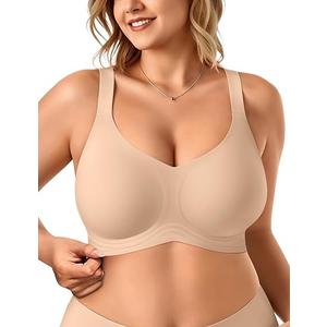 Vertvie Bras for Women No Underwire Wireless Support Bra Underarm-Smoothing Seamless Push Up Full Coverage T-Shirt Sports Bra (Large, Beige)