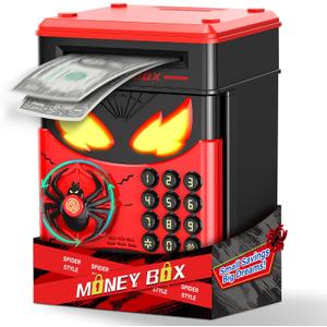 Wrystte Spider Piggy Bank for Kids,Electronic Money Box with Fingerprint,Mini ATM Safe Money Saving Box,Kids Toys for Age 4 5 6 7 8,Christmas Birthday Gifts for 9 10 11 12 Year Old Boys Girls(Black)