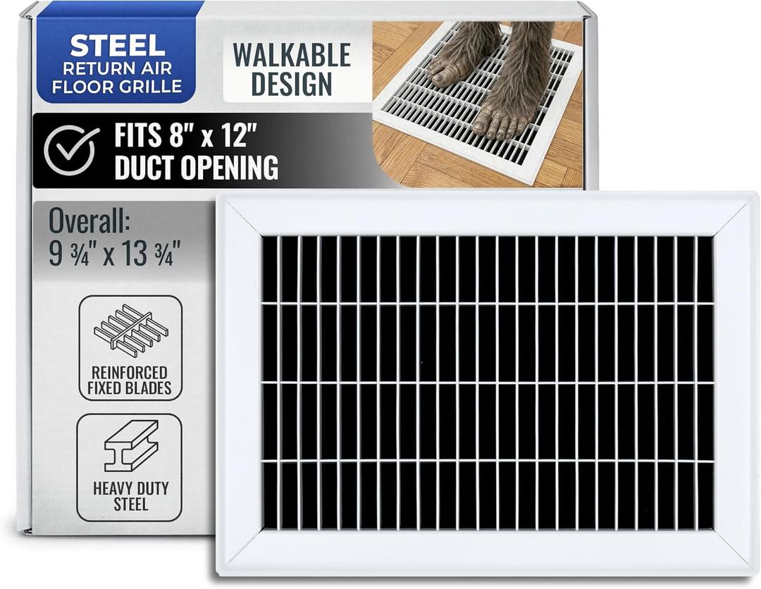 Fits 8x12 and 12x8 Duct Opening | Return Air Floor Grille by Handua | Walkable Vent Cover Grill for Floor | White | Heavy Duty Fixed Blades | Outer Dimensions: 9.75"W X 13.75"H