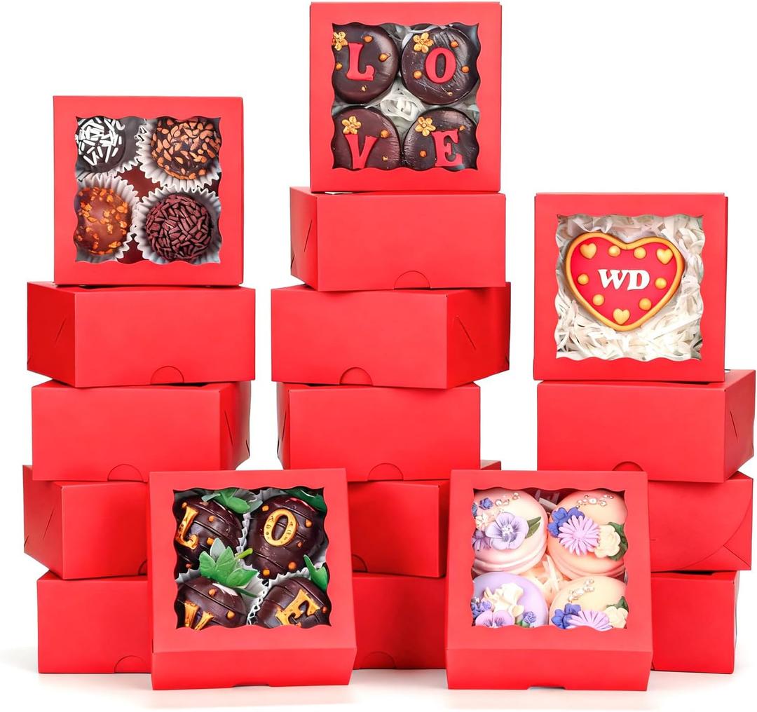 40 Pack 4x4x2 inches Red Bakery Boxes with Window - Macaron, Cookie, Chocolate Truffle, Strawberry & Mini Cake Gift Boxes for Valentine's, Parties, Birthdays, Wedding, Christmas Favors
