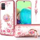 Phone Case with Ring Stand Strap Lanyard Cute Girls Women Soft Silicone Shockproof Protection Cover - Rose Butterfly ﻿