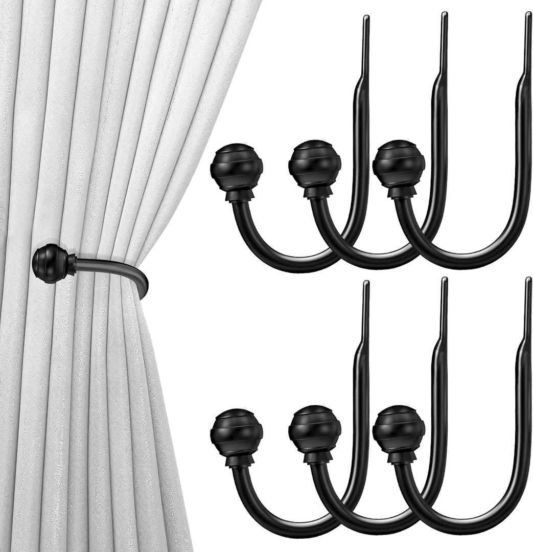 Hion Curtain Holdbacks Black 6pcs, Curtain Tiebacks Wall Mounted Curtain Hooks Holders for Drapes