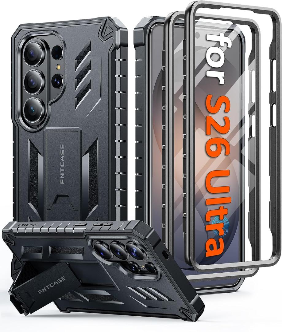 FNTCASE for Samsung Galaxy S26-Ultra Case: [Built-in Screen Protector & Kickstand] [2 Front Frames] [Military-Grade Drop Protection] Heavy Duty Shockproof Rugged TPU Case Full Body Protective Black