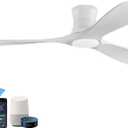 52in Smart Low Profile Ceiling Fans with Lights Remote,Quiet DC Motor,Outdoor Indoor Flush Mount Ceiling Fan,Control with WIFI Alexa App,Dimmable,6-speed,3 White Wood blades,for Modern Bedroom Patio