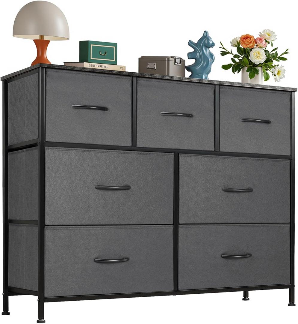 OLIXIS 7 Drawers Dresser for Bedroom, Fabric Storage Tower for Living Room, Entryway - Sturdy Steel Frame, Wooden Top & Easy Pull Fabric Bins, Closet Chests Organizer for Clothes, Classic Grey