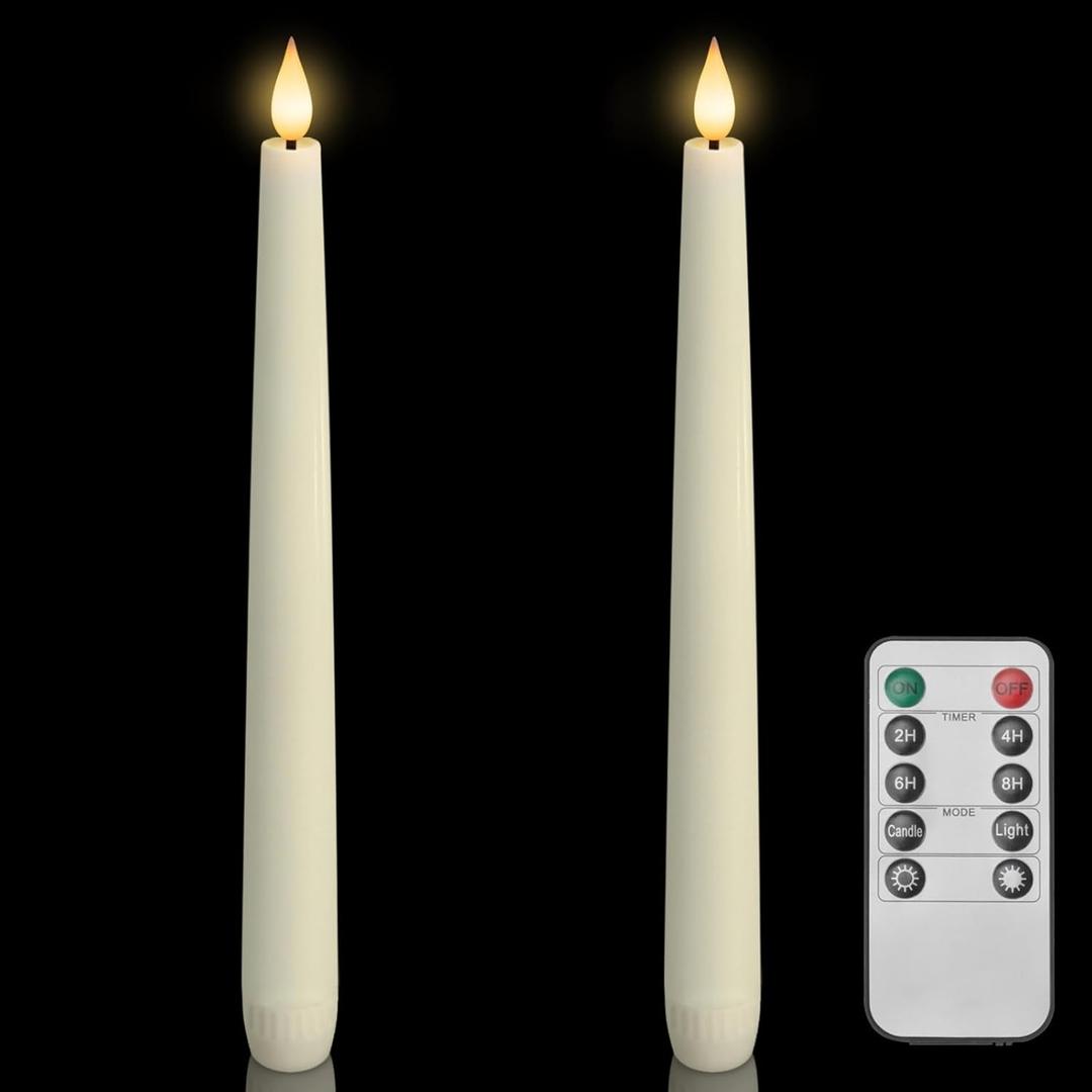 Homemory 2 Pcs Waxy Flameless Taper Candles with Remote, Flickering Battery Operated Taper Candles, Led Flameless Candlesticks Classic Tall Candles for Home, Wedding, Party, Ivory, 9.6 inches (C-Ivory Candles)