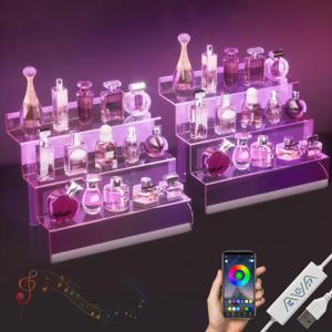 12 Acrylic Display Organizer with LED Light - 3 Tier Perfume Stand and Display Step Shelves Holder, Cologne Organizer for Men, Figures Stand, Porta Perfumes Para Tocador, Clear Riser, 2 Pack Stands