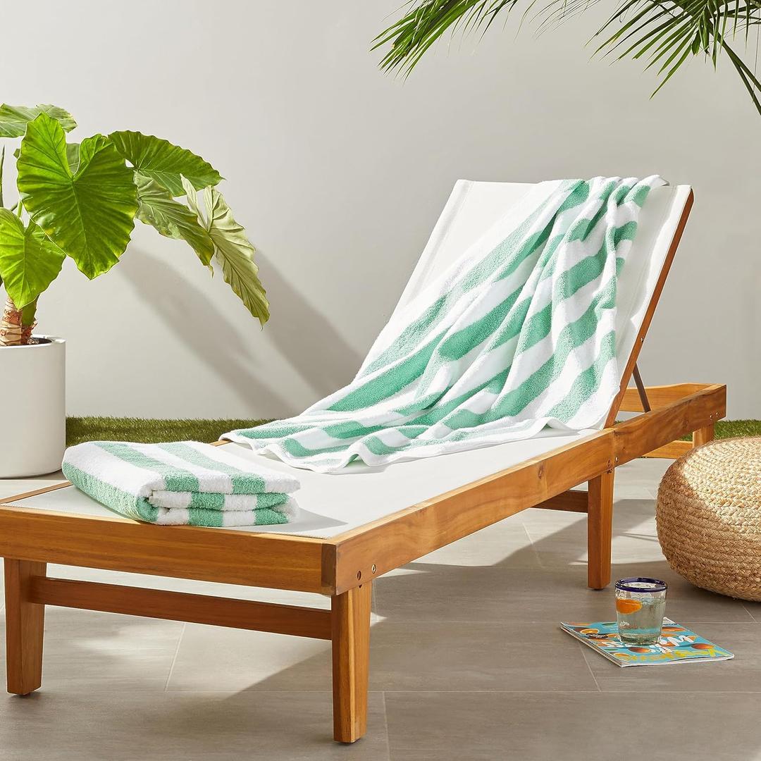 Amazon Basics 100% Cotton Terry Cabana Stripe Pool & Beach Towel, Soft & Absorbent, Quick Drying, Large, 2-Pack, Green, 30" x 60"