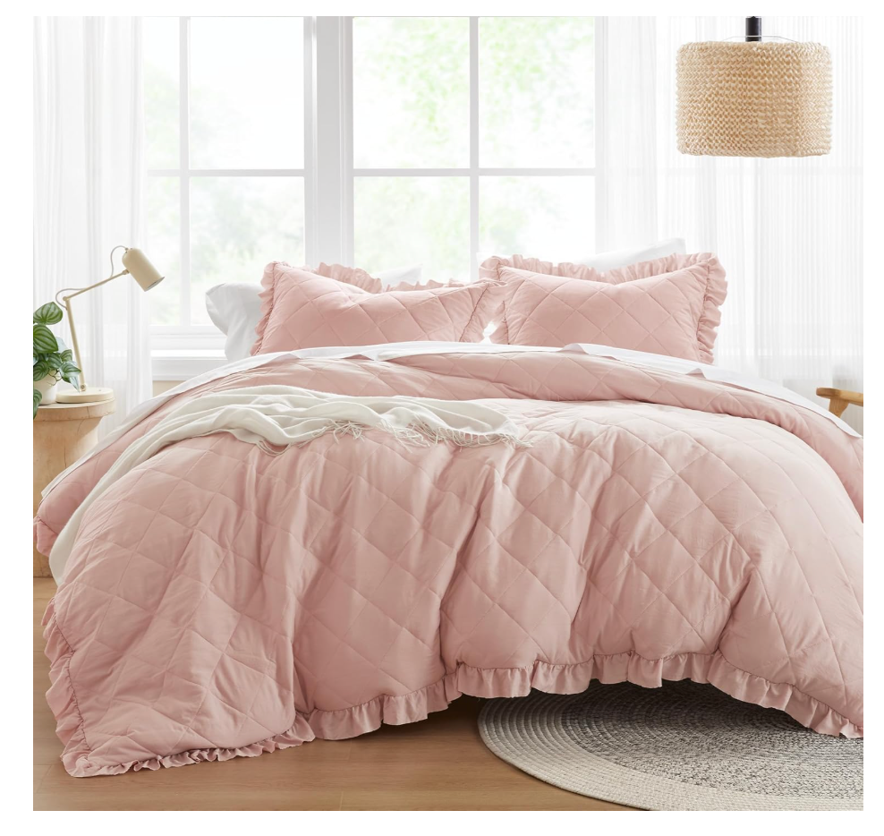 Comfort Spaces Blush Queen Duvet Cover Set  3 Pieces Ruffle Diamond Quilted Duvet Cover, All Season Lightweight, CottonLike Softness PreWashed Microfiber Queen Bedding Cover & Shams, Queen