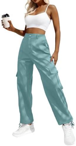 Lepunuo Women's High Waisted Cargo Pants Travel Y2K Streetwear Baggy Stretchy Pants with 6 Pockets Drawstring Ankle Cuffs M, Aqua Sea