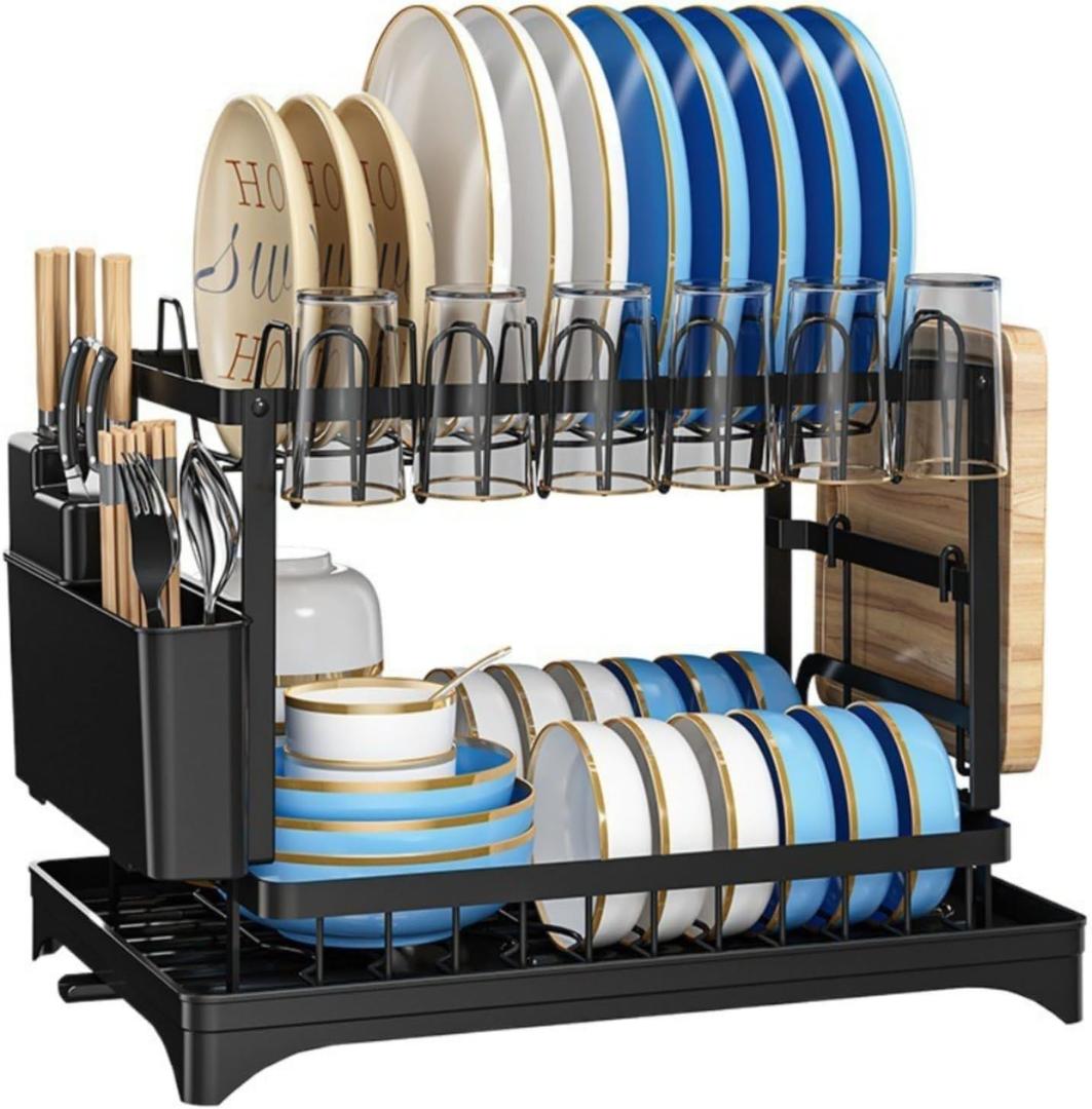 2 Tier Dish Drying Rack with Drainage Tray, 11.8x16.5 Large Capacity, Stainless Steel Utensil & Cup Organizer, Compact Dish Drainer for Kitchen Counter & Sink, Space-Saving Kitchen Storage