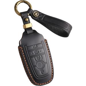 Genuine Leather Key Fob Cover Case for Ford F150 F250 F350 Edge Expedition Explorer Mustang Bronco Maverick Fusion, for Lincoln Nautilus Aviator Corsair Key Holder (Black)