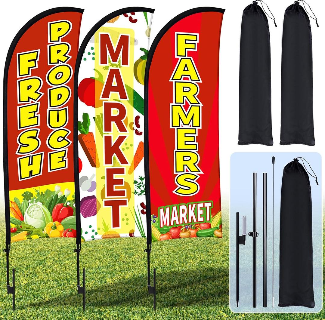 Buryeah 3 Pack 12ft Fresh Produce Farmers Market Feather Flags Banners Advertising Sign Fresh Produce Flag with Flag Pole Ground Stake Portable Bag for Food Advertising Vegetable Business(Red)