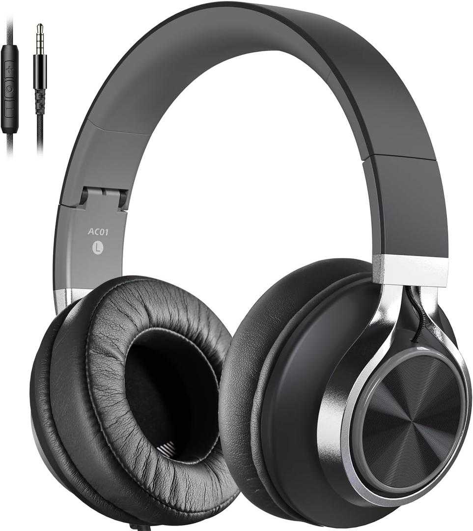 AC01 Headphones Wired Noise Isolating Over Ear, Corded Stereo Headsets with Microphone Volume Control for Adults Teens 3.5mm for Cellphones, Tablets, Laptop, Chromebook (Black Grey)