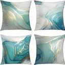 GALMAXS7 Marble Texture Turquoise and Gold Silver Decorative Throw Pillow Covers Luxury Abstract Fluid Art Ink Soft Velvet Pillow Case Square Cushion Covers for Couch Sofa 18 x 18 Inch Set of 4