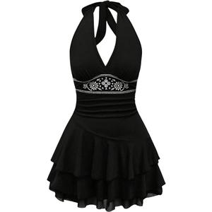 SOLY HUX Women's Summer Halter Backless Mini Dress Flowy Sleeveless V Neck Tie Back A Line Western Casual Sun Dresses, Size XL