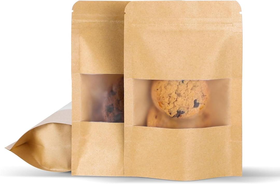 50 Pcs 4x6 Inch Kraft Paper Bags with Transparent Window, Stand Up Pouches,Smell Proof Bags,Resealable Bags for Small Business, Zipper Food Storage,for Packaging Snacks Cookies Candy (Brown)